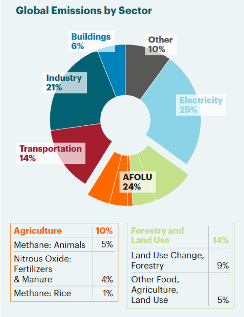Agriculture, Forestry, and Land Use (AFOLU) account for nearly 24% of global GHG emissions. Without adequately integrating food consumption and production into national level decision-making, there is a low chance of achieving international policy agendas like the Paris Agreement and Sustainable Development Goals (SDGs). Agriculture, Forestry, and Land Use are commonly grouped into a single sector called AFOLU but have been separated into two sectors here to highlight the GHG gases (i.e. methane and nitrous oxide). Data: IPCC WG3 FAR Image: Jonathan Foley, Drawdown.org